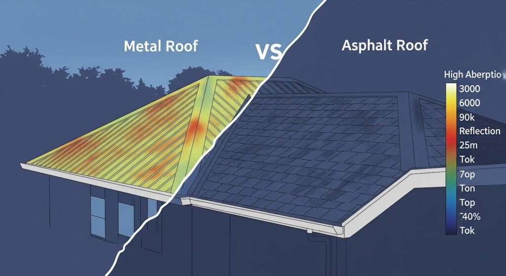 Thermal imaging showing energy efficiency differences between metal and asphalt roofs