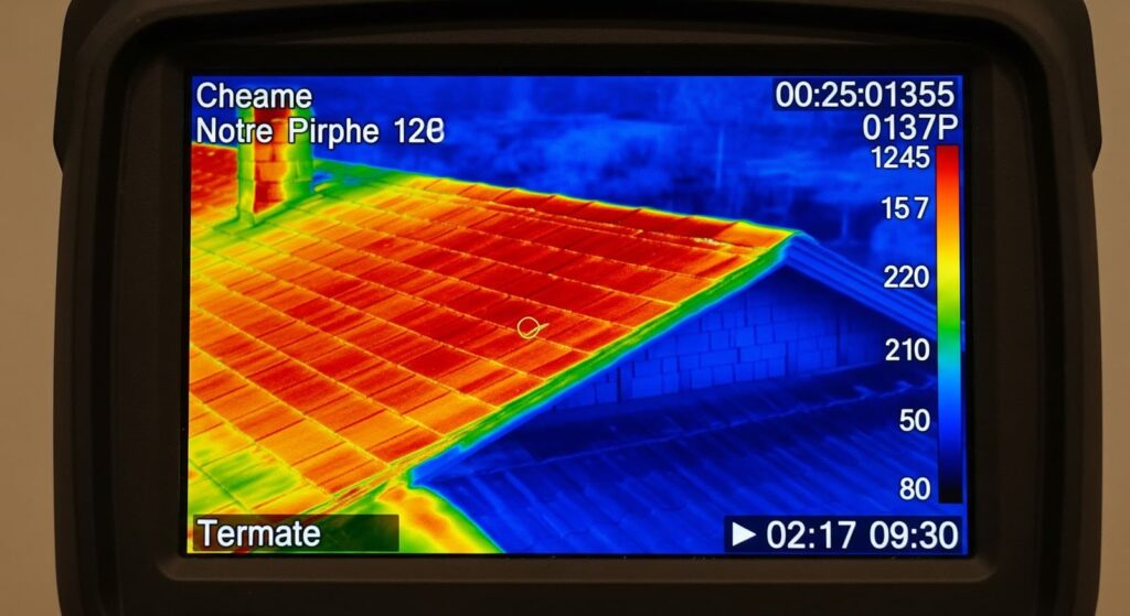 Close-up thermal imaging camera display showing a roof section