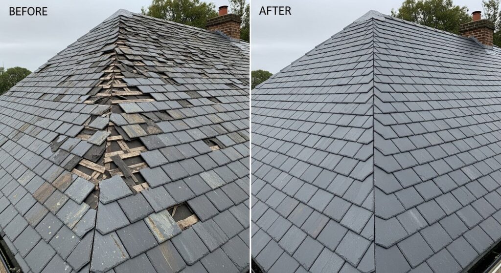 Damaged slate roof with missing tiles vs same roof perfectly repaired