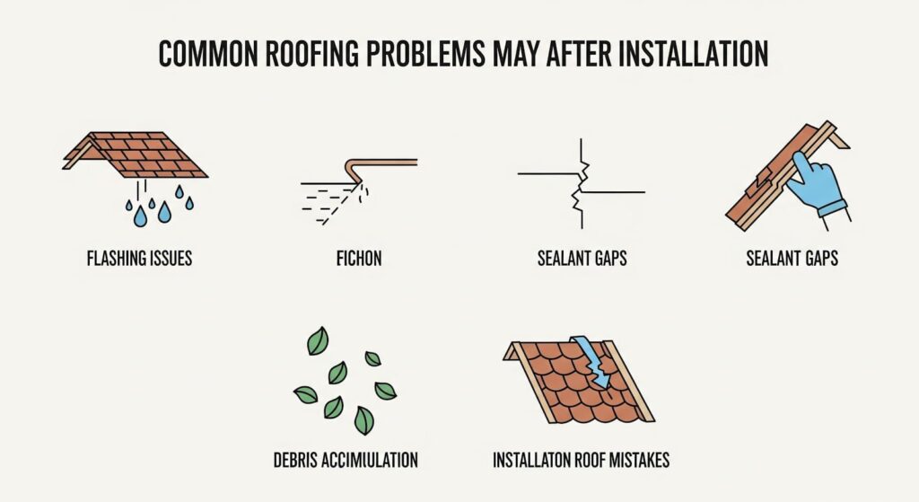 Infographic showing common roofing problems after installation - icons representing each problem type