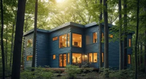 Modern home exterior featuring realistic log cabin siding with natural wood grain texture and rustic charm