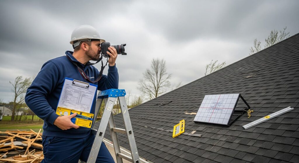 Professional assessor on ladder taking systematic grid photographs of roof sections