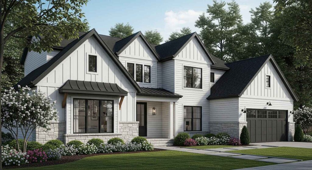 Beautiful modern farmhouse exterior featuring white shiplap siding with black trim and large windows