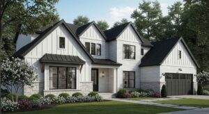 Beautiful modern farmhouse exterior featuring white shiplap siding with black trim and large windows