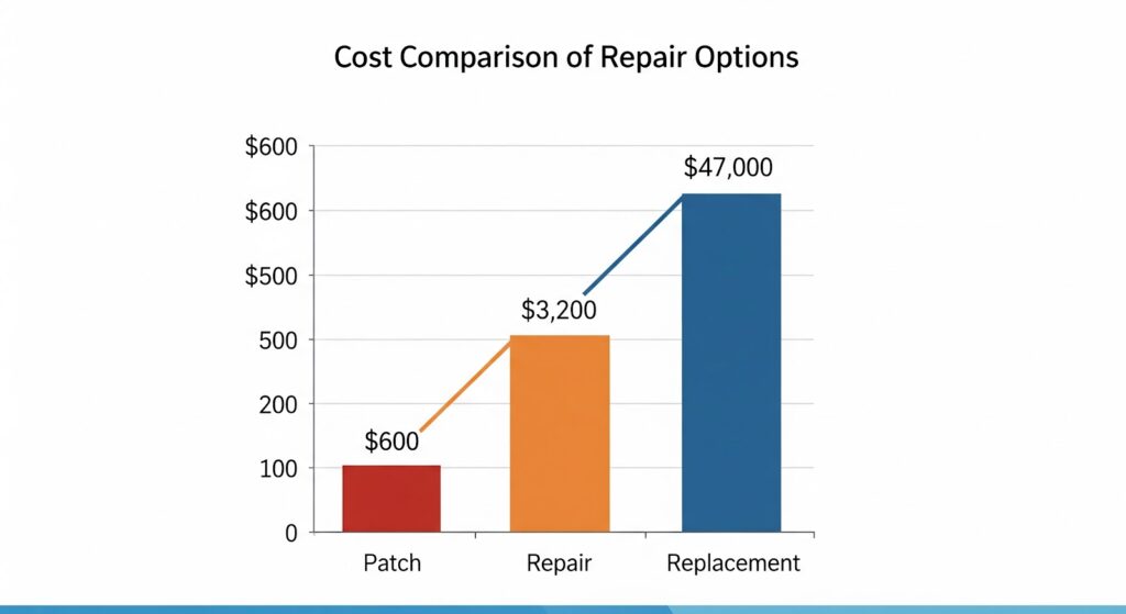 Simple bar graph showing $600 patch, $3,200 repair, $47,000 replacement
