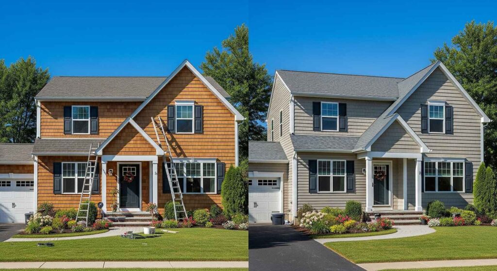 Vinyl shake siding vs cedar shake siding side-by-side comparison on residential home exterior