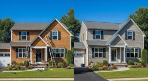 Vinyl shake siding vs cedar shake siding side-by-side comparison on residential home exterior