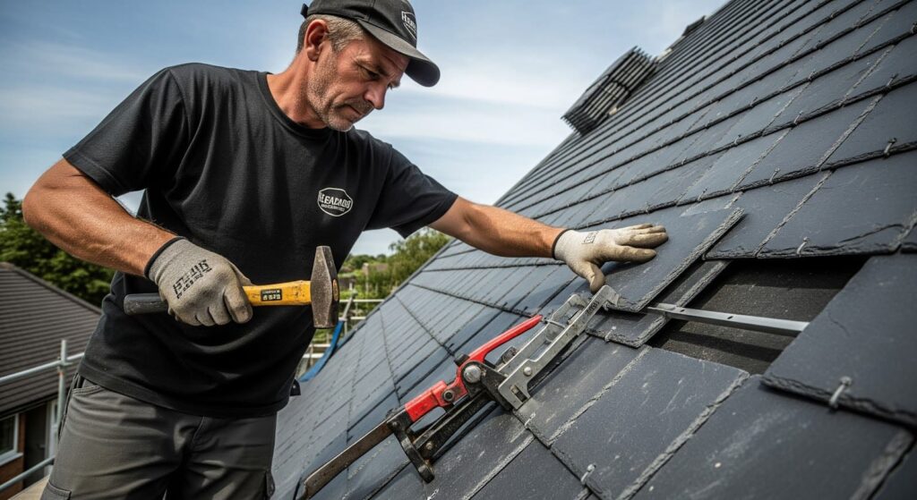 Roofing specialist installing slate tiles on a roof with proper tools